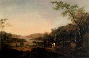 Thomas Gainsborough An Extensive River Landscape with Cattle and a Drover and Sailing Boats in the distance oil